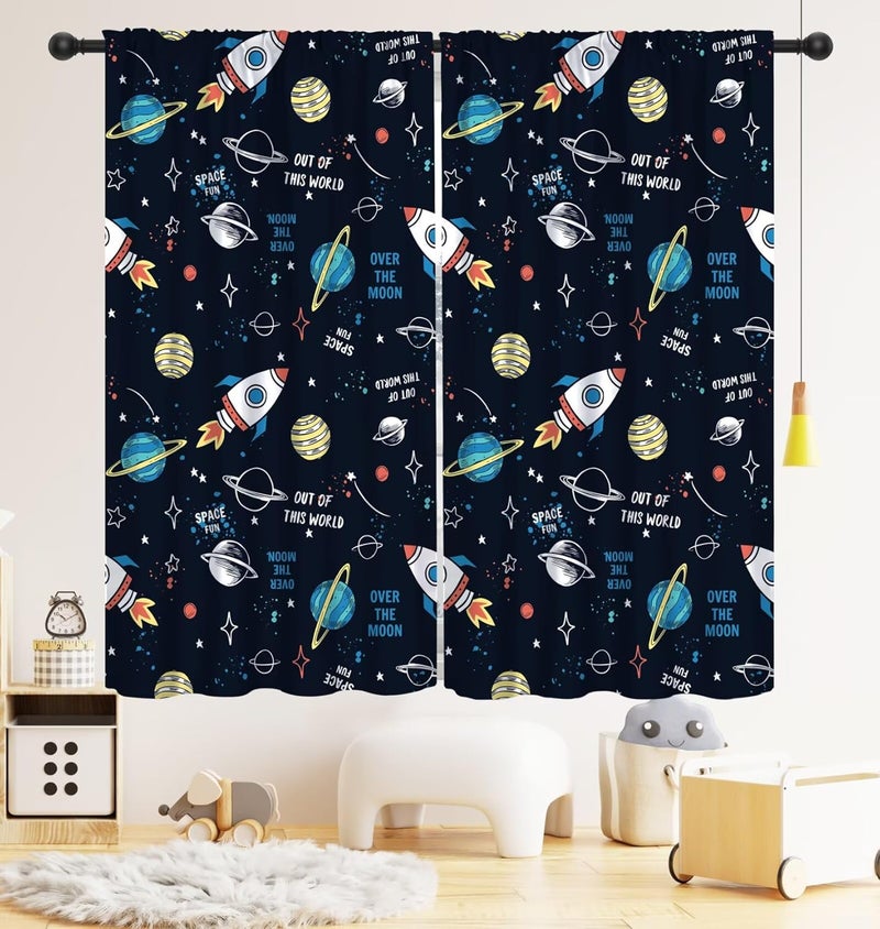 LOMADIA Space Kids Curtain,Cartoon Child Spaceman Planet Theme Blackout Curtain, Solar System Astronaut Window Treatments Drapes for Nursery Boys Girls Room Bedroom Decor 42" W x 45" L - Image 1